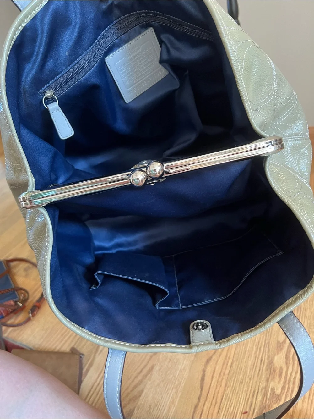 COACH Olive Patent Leather Tote with Signature Emboss